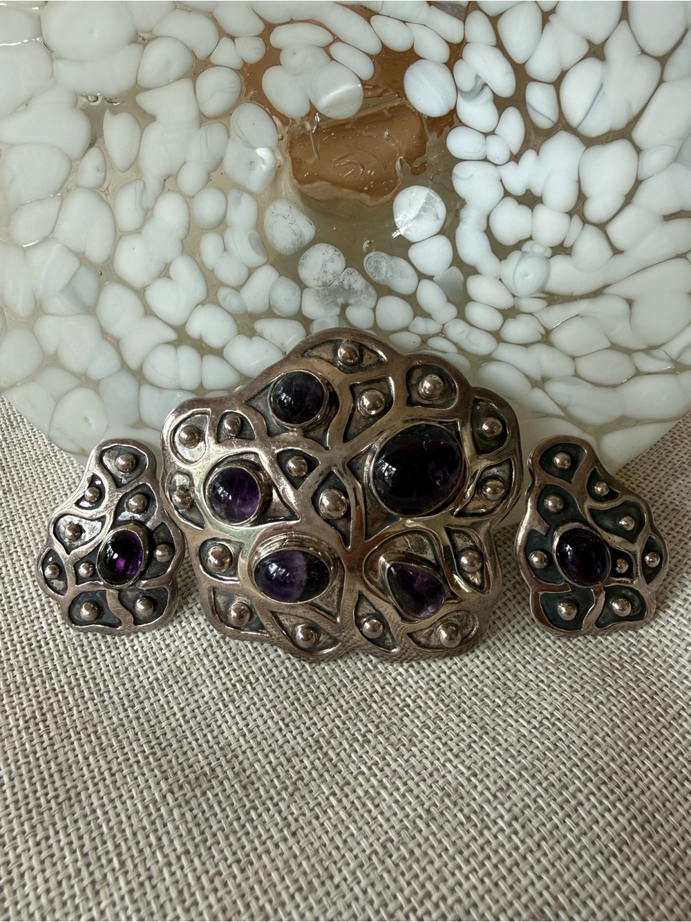 Vintage 925 sterling silver Amethyst Cluster necklace/brooch and Earring Set